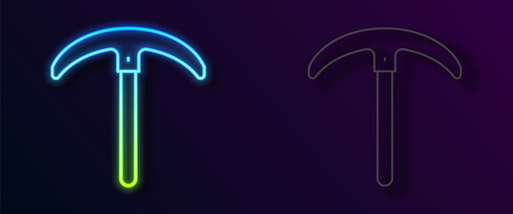 Glowing neon line Pickaxe icon isolated on black background. Vector