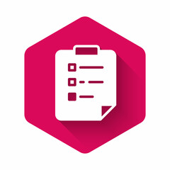 White Clipboard with checklist icon isolated with long shadow background. Control list symbol. Survey poll or questionnaire feedback form. Pink hexagon button. Vector