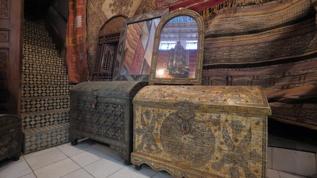 Treasury room.Shop with vintage treasury box,mirror,and carpet.