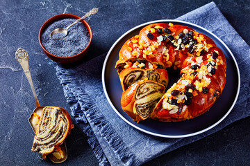 sweet bread wreath sprinkled with fruits and nuts
