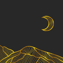 Abstract night landscape with mountains and moon, golden line art