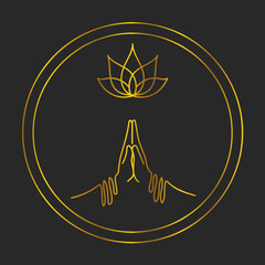 namaste sigh with lotus in round border, minimalistic golden illustration - 482627068