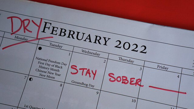 Dry February Written On A Calendar As A Reminder To Stop Drinking And  Stay Sober For The Month. Dry Feb Is Also A Fundraiser To Raise Money For The Canadian Cancer Society.