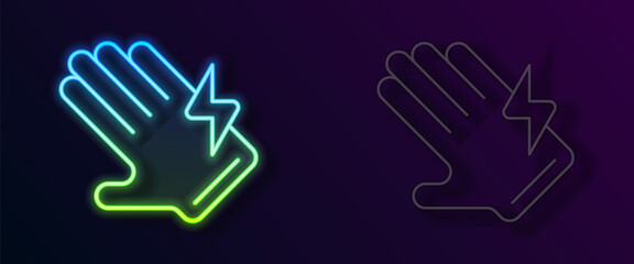 Obraz premium Glowing neon line Electric glove icon isolated on black background. Safety gloves, hand protection. Vector