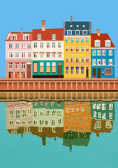 Naklejka premium Bright houses with reflection in the water. European architecture drawn in a graphical editor. Suitable for print, postcard, sketchbook cover, poster, stickers, your design.