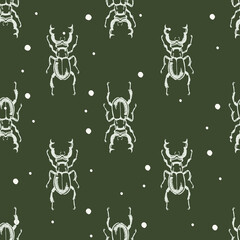 Vector seamless pattern with hand drawn stag beetle for print. Naturalness of nature, beautiful beetle, ecology. White and green color.