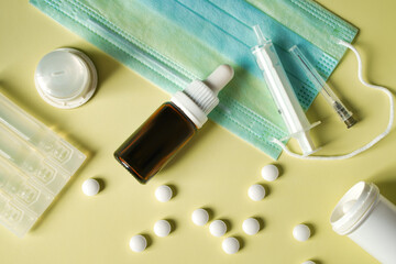 Medications for the treatment of influenza infections. Pills, tablets, ampoules for injection and...