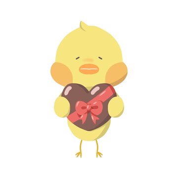 Illustration of a chick presenting a heart-shaped chocolate