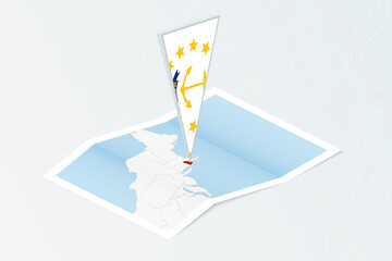 Isometric paper map of Rhode Island with triangular flag of Rhode Island in isometric style. Map on topographic background.