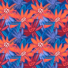 Flowers and leaves seamless pattern. Hand painted abstract acrylic and chalk creative background . Great for stationery, logos, branding, invitations, cards, posters, prints, mood boards, textile and 