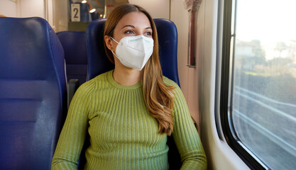 Portrait of woman traveling on public transport wearing protective medical mask. Banner cropped...