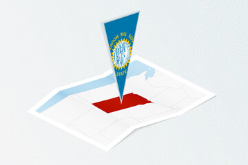 Isometric paper map of South Dakota with triangular flag of South Dakota in isometric style. Map on topographic background.