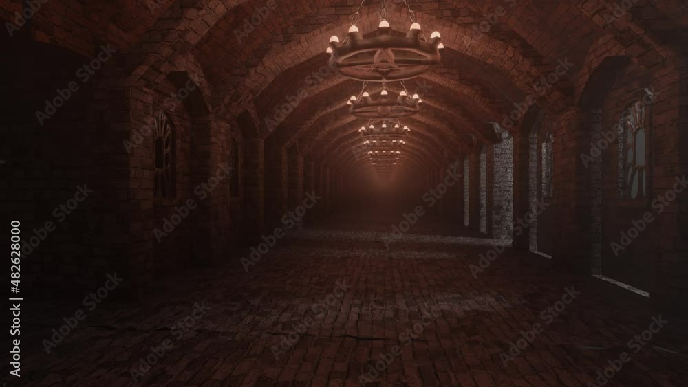 Poster the camera moves slowly down the dark corridor of the castle with glowing round chandeliers. looped 