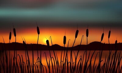 Reeds and rushes on the background of a golden sunset on the water with distant hills.
