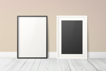 Vertical frame for poster or picture blank mockup template on wall minimalistic interior. Editable vector render. Black and white vertical frame for photography presentation modern art