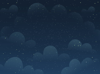 Obraz na płótnie Canvas Stars and Sky with Clouds background. Dark Blue Cosmos Card, kids wallpaper design. Dark blue cosmos scene with cloudsat night. Vector design in watercolor style.