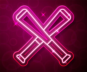 Glowing neon line Crossed baseball bat icon isolated on red background. Vector