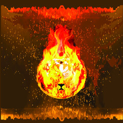 Fire beast icon. Biblical story of judgment. A flaming lion in outer space. Vector graphics for design logos, avatars.