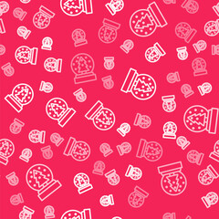 White line Christmas snow globe with fallen snow and christmas tree icon isolated seamless pattern on red background. Merry Christmas and Happy New Year. Vector