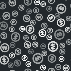 Grey South Korean won coin icon isolated seamless pattern on black background. South Korea currency business, payment and finance. Vector