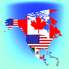 The continent of north america is filled with country flags. Vector graphics for logo design, avatars, sports, education.