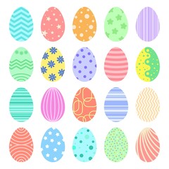 Easter eggs set. Collection of colorful painted eggs for Easter. Spring holiday symbol. Bright patterns on ovals, isolated vector illustration
