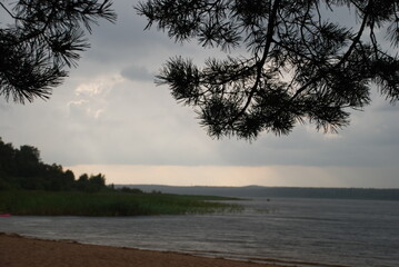 Grey-white clouds over a wide river. Hanging from above are curved pine branches with green needles. in front of a sandy beach on the bank of a wide river under white-blue clouds.