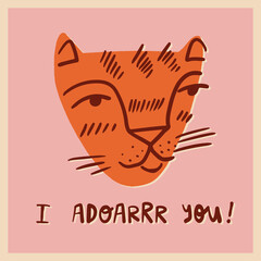 Funny Valentine's Day retro greeting card design with hand lettering. Cute hand-drawn tiger with text I adoarrrr you.