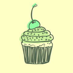 Simple grey cupcake. Vector illustration on the beige background. Vintage retro style. Grey contoured cupcake with blue cherry on top. Sprinkles and frosting. Cafe menu design. Tasty dessert.