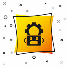 Black Robot setting icon isolated on white background. Artificial intelligence, machine learning, cloud computing. Yellow square button. Vector
