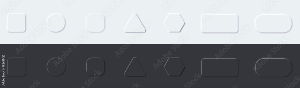 Poster neumorphic buttons set. 3d vector buttons. geometric shapes: circle, square, .rectangle on white bac