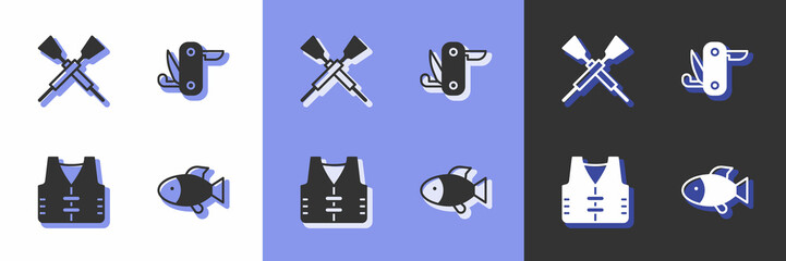 Set Fish, Crossed oars or paddles boat, Fishing jacket and Swiss army knife icon. Vector