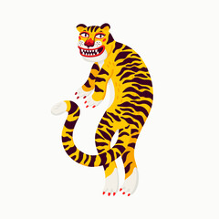 Obraz premium Tiger vector illustration, cartoon yellow tiger - the symbol of Chinese new year. Organic flat style vector illustration on white background.