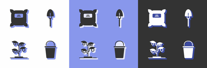 Set Bucket, Pack full of seeds, Sprout and Shovel icon. Vector
