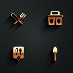 Set Crossed knife and fork, Coffee cup to go, Cafe restaurant location and Spoon icon with long shadow. Vector