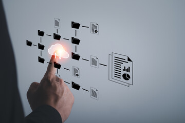 Hand man using online cloud digital technology for doing job file uploading data on the Internet online.network,media,keyword,Digital Web,Photo concept information and Technology.