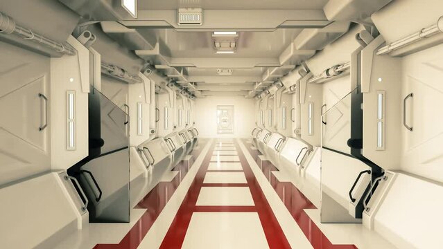 Traveling into a futuristic spaceship tunnel or scientific laboratory. Technology and engineering motion background. 3D rendering