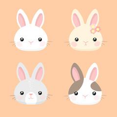 Set of cartoon rabbits faces. Cute bunnies vector illustration