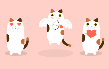 Set of cute cartoon cats for Valentine's day card. Vector illustration