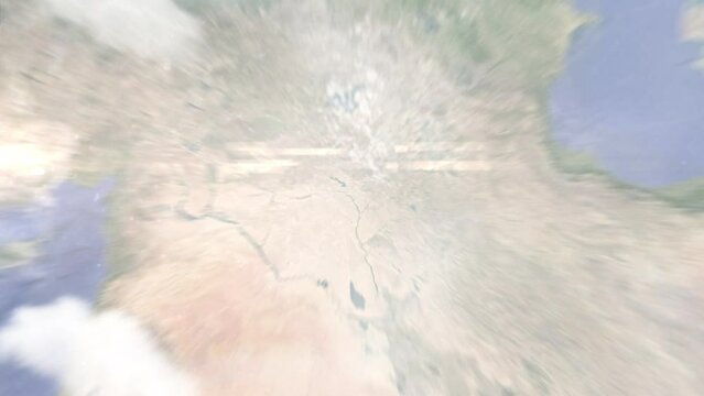 Zoom in from space and focus on Iraq, Mosul. 3D Animation. Background for travel intro. Elements of this image furnished by NASA