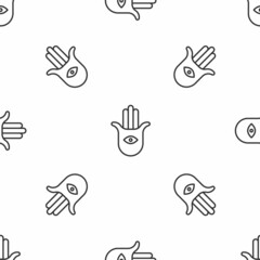 Grey line Hamsa hand icon isolated seamless pattern on white background. Hand of Fatima - amulet, symbol of protection from devil eye. Vector