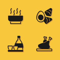 Set Ramen soup bowl, Roasted turkey or chicken, Bottle of sake and Chicken egg with vegerables icon with long shadow. Vector