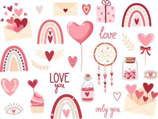 Set of clipart elements Valentine's day in boho style. Vector illustration