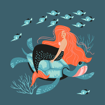 Vector illustration with a little mermaid, a turtle and a flock of fish on a coral background