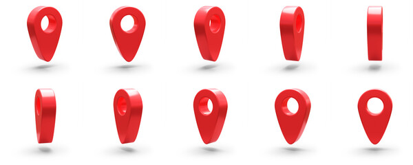 10 different versions of a red location pin with shadow being rotated in 18 degree steps. All isolated on white