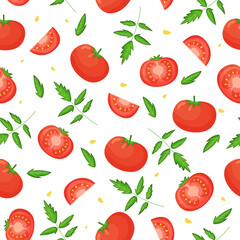 Seamless food pattern of cute tomato on white background with leaves. Backdrop for wallpaper, print, textile, fabric, wrapping. Vector illustration