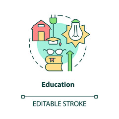 Education concept icon. Rural electrification economic benefits abstract idea thin line illustration. Isolated outline drawing. Editable stroke. Roboto-Medium, Myriad Pro-Bold fonts used