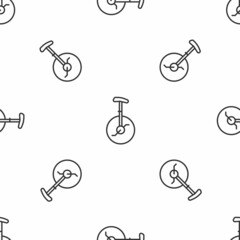 Grey line Unicycle or one wheel bicycle icon isolated seamless pattern on white background. Monowheel bicycle. Vector