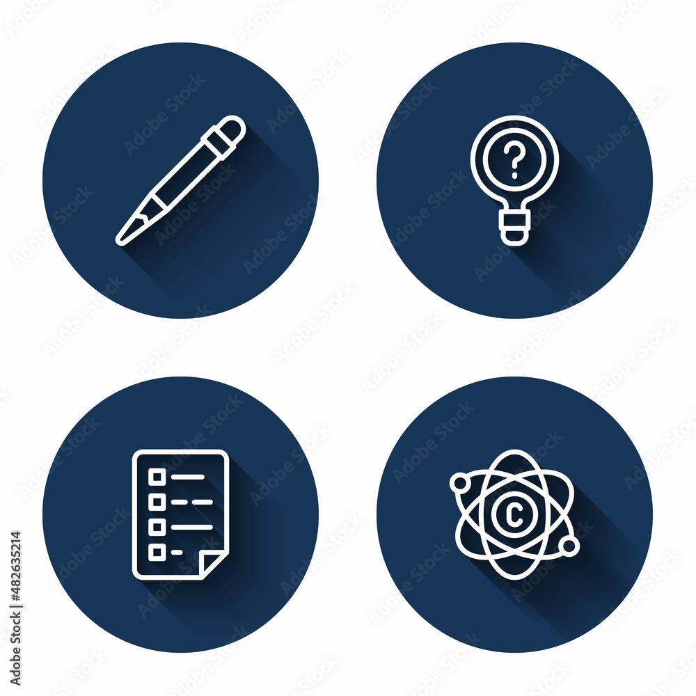 Poster set line pencil with eraser, unknown search, clipboard checklist and atom with long shadow. blue cir