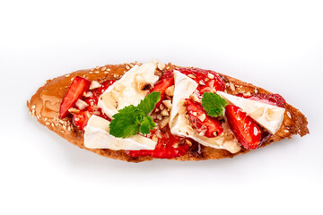 Bruschetta with strawberries, cheese camembert nuts and honey isolated on a white background. banner menu recipe place for text